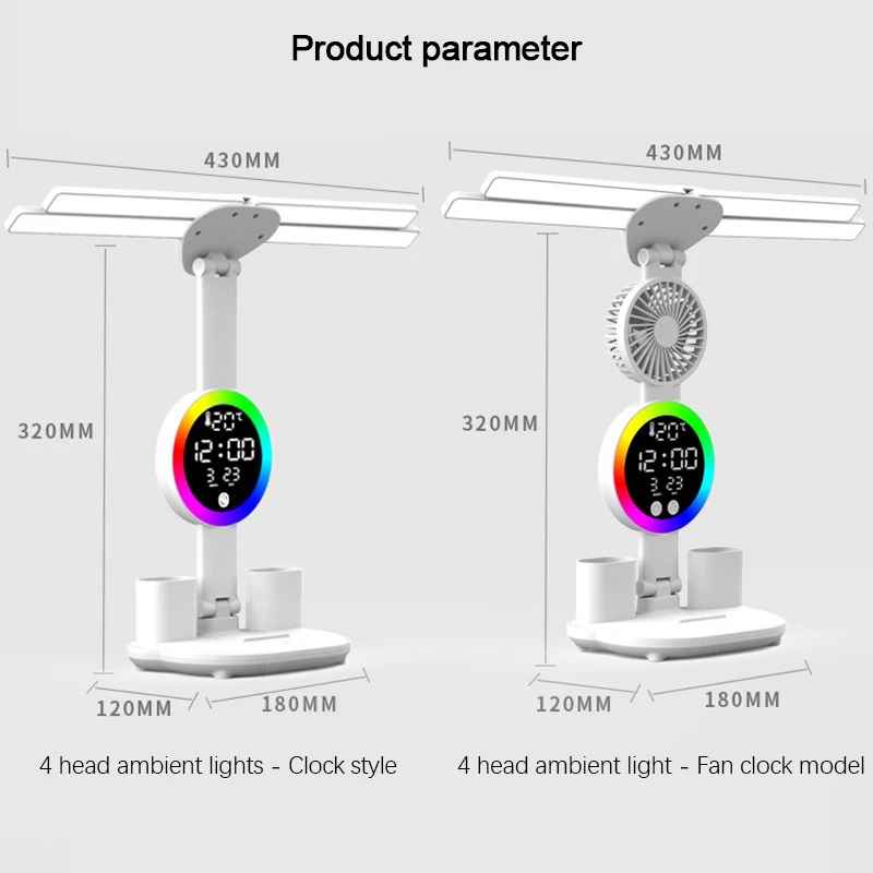 Wiederaufladbare Tischlampe mit LED-Licht, Ventilator und Uhr