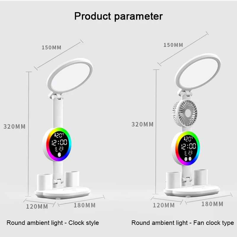 Wiederaufladbare Tischlampe mit Ventilator, LED-Uhranzeige