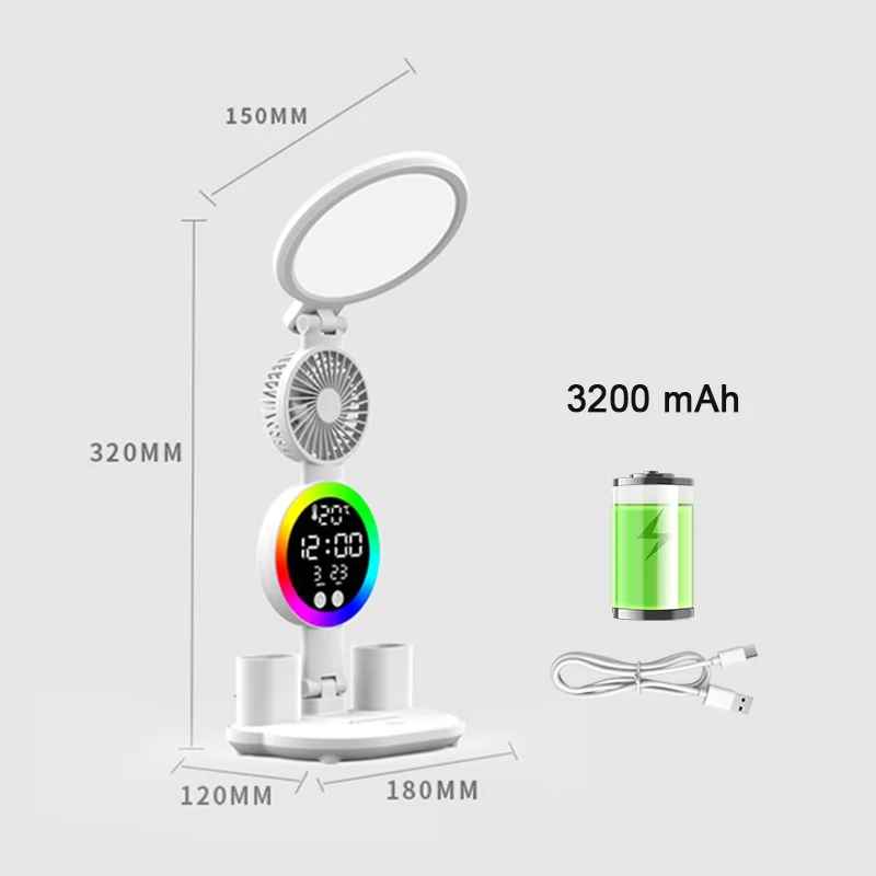 Wiederaufladbare Tischlampe mit Ventilator, LED-Uhranzeige