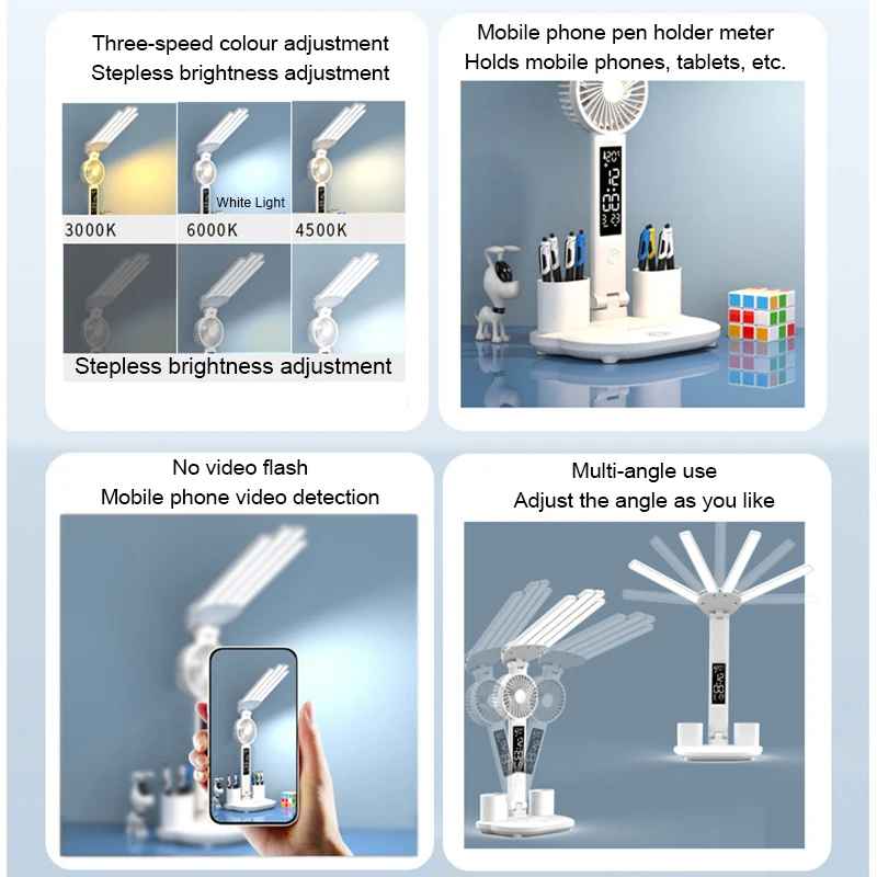 Wiederaufladbare Tischlampe, LED-Uhr mit Ventilator