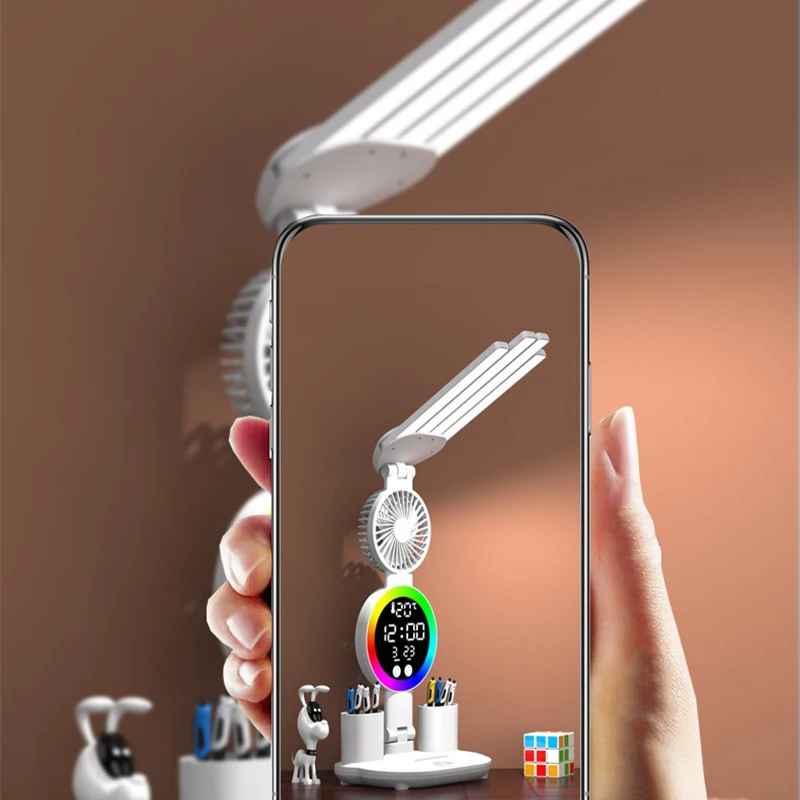Wiederaufladbare Tischlampe mit LED-Licht, Ventilator und Uhr