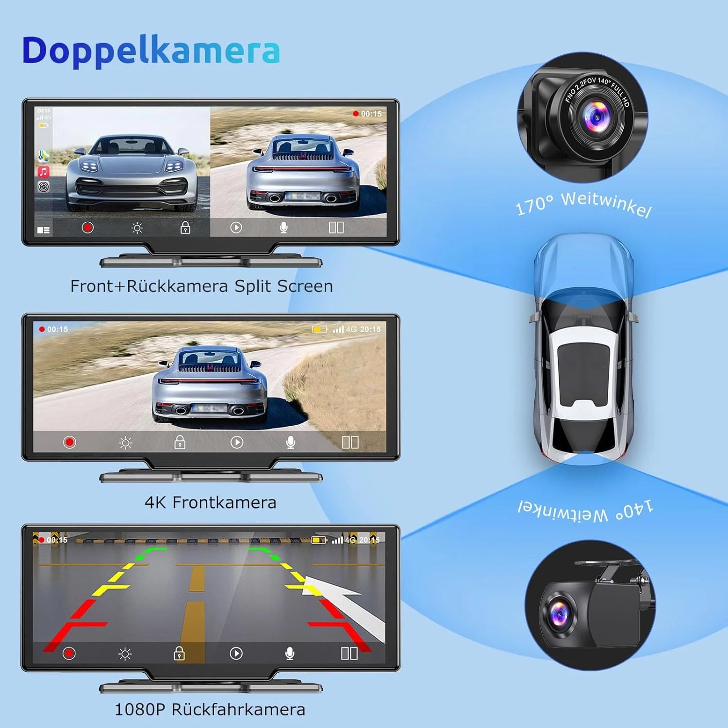Auto Display mit Carplay, Maps und Streaming mit Doppelkamera