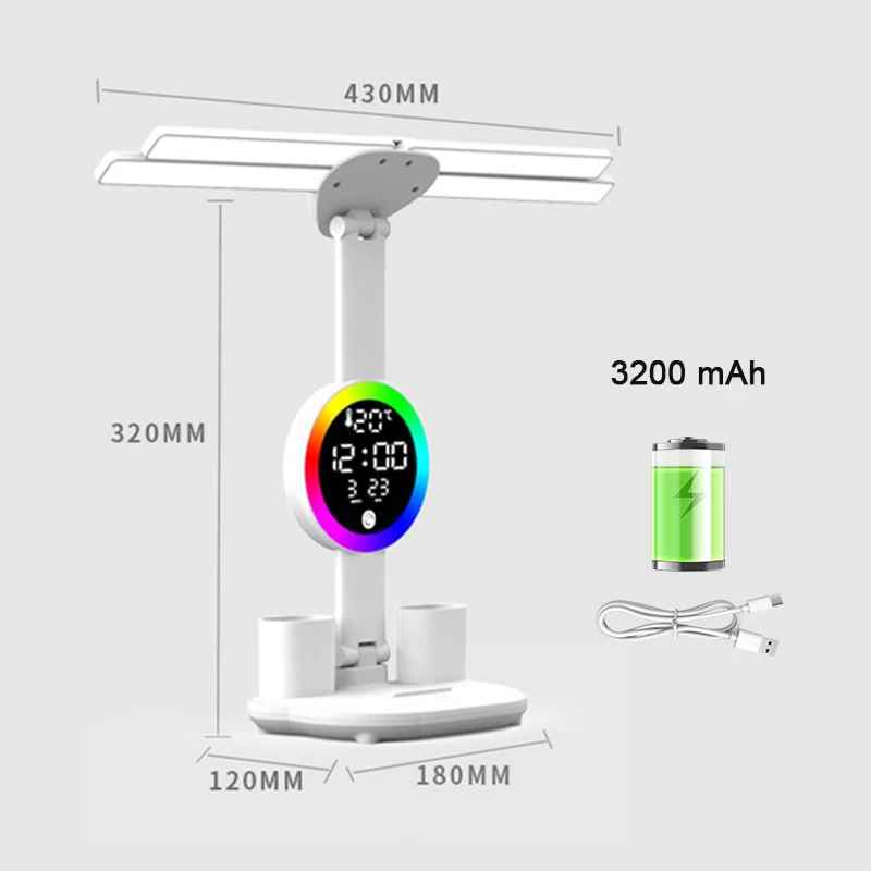Wiederaufladbare Tischlampe mit LED-Licht, Ventilator und Uhr