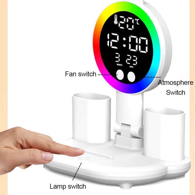 Wiederaufladbare Tischlampe mit Ventilator, LED-Uhranzeige