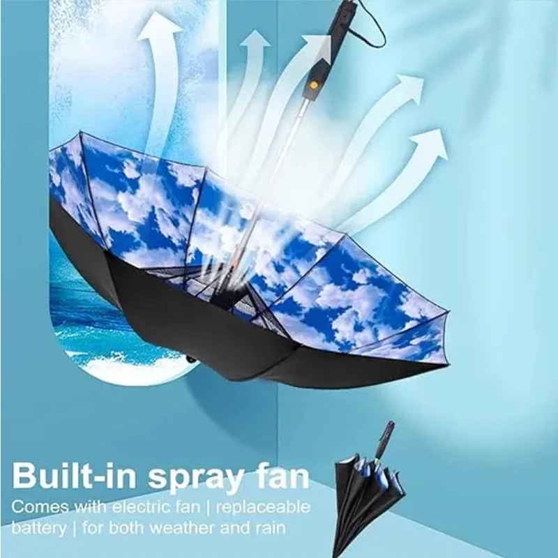 3-in-1-Kühlschirm – Tragbarer Ventilator, Sprühnebel und UV-Schutz