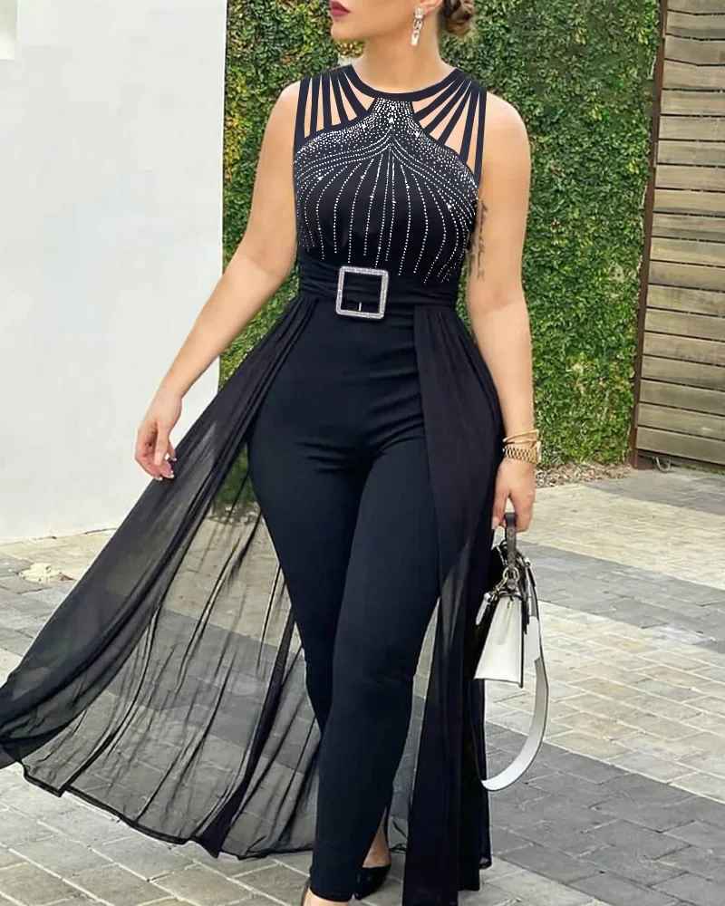 sommer frauen Rundhals Strass Sheer Mesh Ärmellose Overall