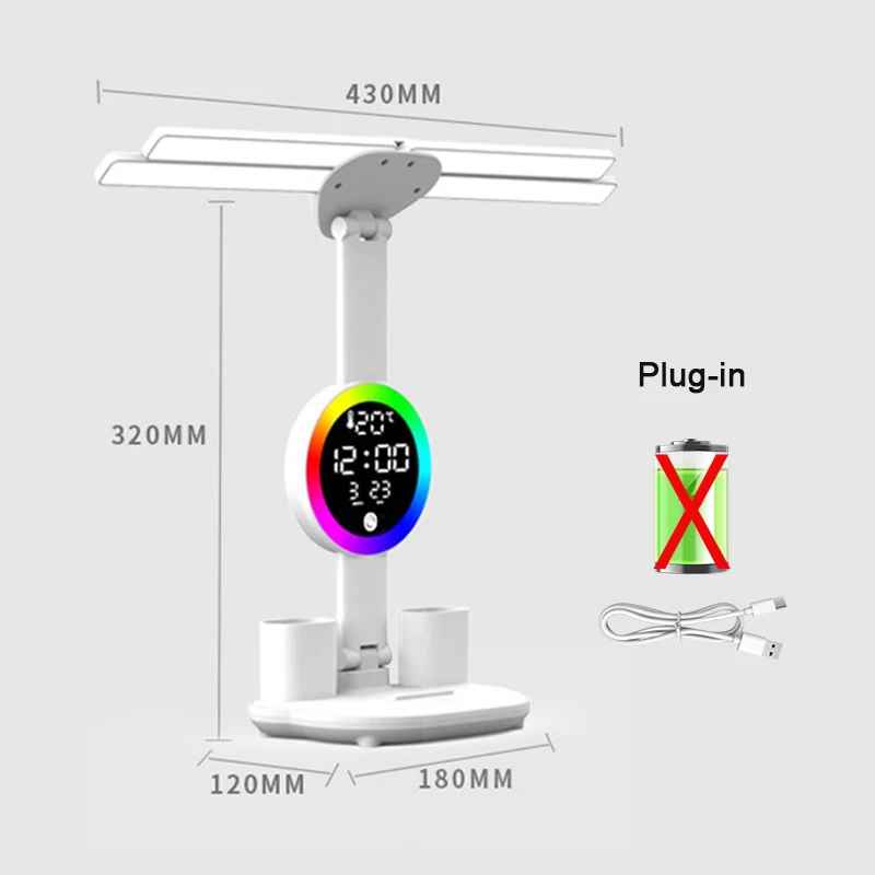Wiederaufladbare Tischlampe mit LED-Licht, Ventilator und Uhr