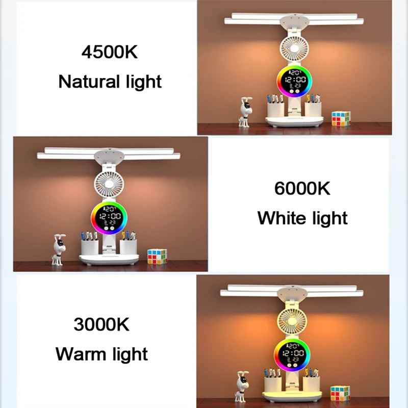 Wiederaufladbare Tischlampe mit LED-Licht, Ventilator und Uhr