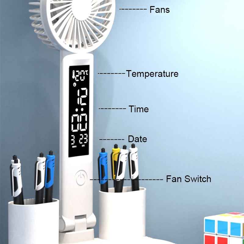 Wiederaufladbare Tischlampe, LED-Uhr mit Ventilator