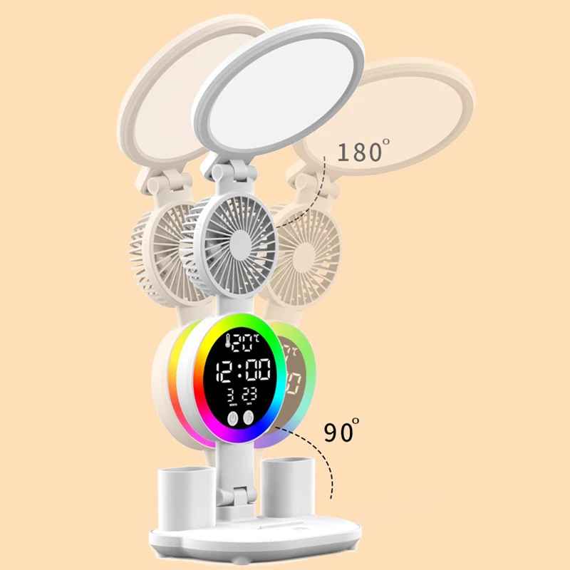 Wiederaufladbare Tischlampe mit Ventilator, LED-Uhranzeige