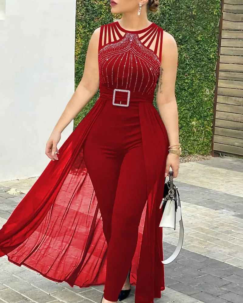 sommer frauen Rundhals Strass Sheer Mesh Ärmellose Overall