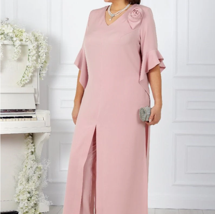 Damen-Set aus Kleid mit V-Ausschnitt und Hose mit elastischer Taille