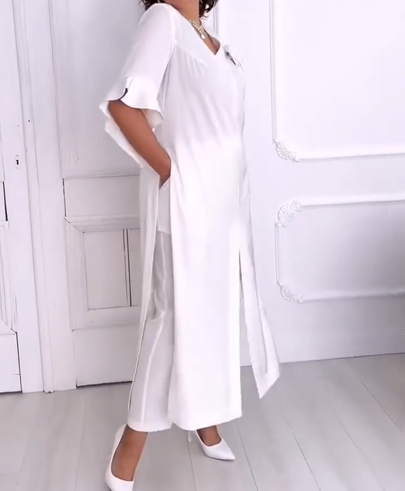 Damen-Set aus Kleid mit V-Ausschnitt und Hose mit elastischer Taille