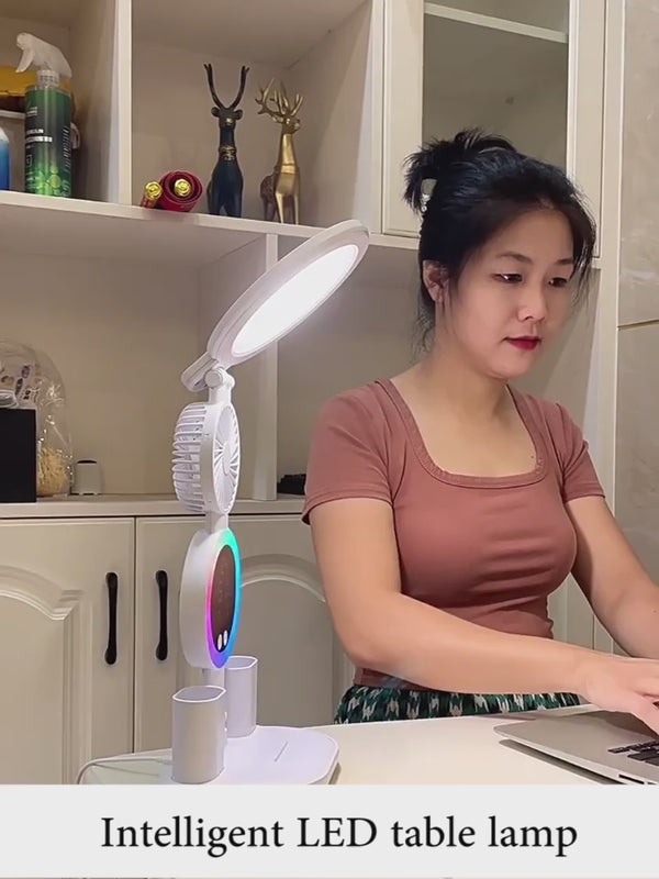 Wiederaufladbare Tischlampe mit Ventilator, LED-Uhranzeige