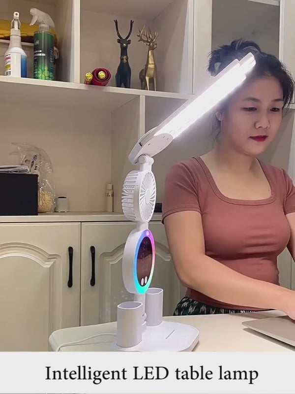Wiederaufladbare Tischlampe mit LED-Licht, Ventilator und Uhr